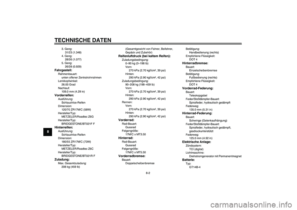 YAMAHA FJR1300AS 2009 Betriebsanleitungen (in German) TECHNISCHE DATEN
8-2
8
3. Gang:
31/23 (1.348)
4. Gang:
28/26 (1.077)
5. Gang:
26/28 (0.929)
Fahrgestell:Rahmenbauart:
unten offener Zentralrohrrahmen
Lenkkopfwinkel:
26.00 Grad
Nachlauf:
109.0 mm (4.2 YAMAHA FJR1300AS 2009 Betriebsanleitungen (in German) TECHNISCHE DATEN
8-2
8
3. Gang:
31/23 (1.348)
4. Gang:
28/26 (1.077)
5. Gang:
26/28 (0.929)
Fahrgestell:Rahmenbauart:
unten offener Zentralrohrrahmen
Lenkkopfwinkel:
26.00 Grad
Nachlauf:
109.0 mm (4.2