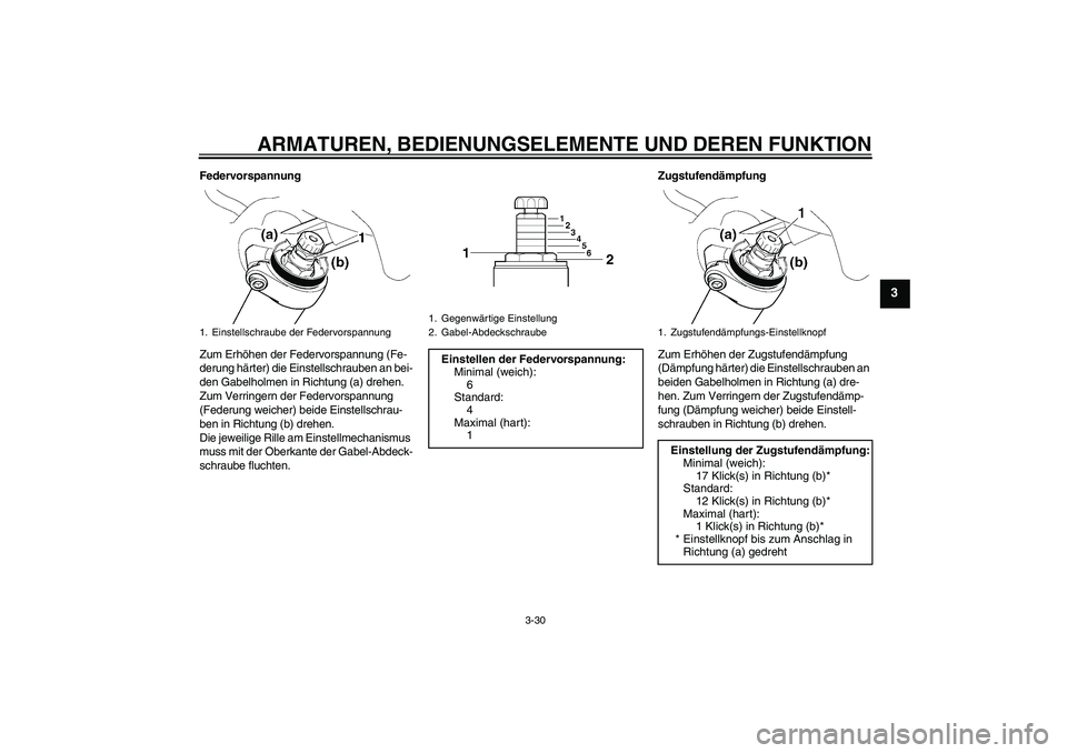 YAMAHA FJR1300AS 2009 Betriebsanleitungen (in German) ARMATUREN, BEDIENUNGSELEMENTE UND DEREN FUNKTION
3-30
3
Federvorspannung
Zum Erhöhen der Federvorspannung (Fe-
derung härter) die Einstellschrauben an bei-
den Gabelholmen in Richtung (a) drehen.
Z YAMAHA FJR1300AS 2009 Betriebsanleitungen (in German) ARMATUREN, BEDIENUNGSELEMENTE UND DEREN FUNKTION
3-30
3
Federvorspannung
Zum Erhöhen der Federvorspannung (Fe-
derung härter) die Einstellschrauben an bei-
den Gabelholmen in Richtung (a) drehen.
Z