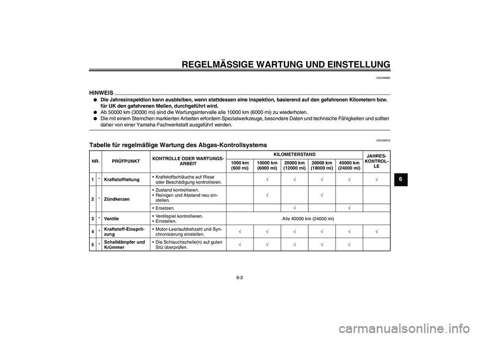 YAMAHA FJR1300AS 2009  Betriebsanleitungen (in German) REGELMÄSSIGE WARTUNG UND EINSTELLUNG
6-2
6
GAU46860
HINWEIS
Die Jahresinspektion kann ausbleiben, wenn stattdessen eine Inspektion, basierend auf den gefahrenen Kilometern bzw. 
für UK den gefahren