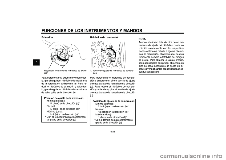 YAMAHA FJR1300AS 2009  Manuale de Empleo (in Spanish) FUNCIONES DE LOS INSTRUMENTOS Y MANDOS
3-30
3
Extensión
Para incrementar la extensión y endurecer-
la, gire el regulador hidráulico de cada barra
de la horquilla en la dirección (a). Para re-
duci