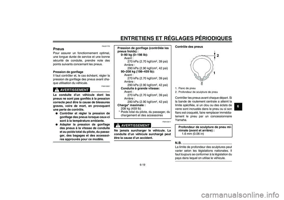 YAMAHA FJR1300AS 2009  Notices Demploi (in French) ENTRETIENS ET RÉGLAGES PÉRIODIQUES
6-19
6
FAU21772
Pneus Pour assurer un fonctionnement optimal,
une longue durée de service et une bonne
sécurité de conduite, prendre note des
points suivants co