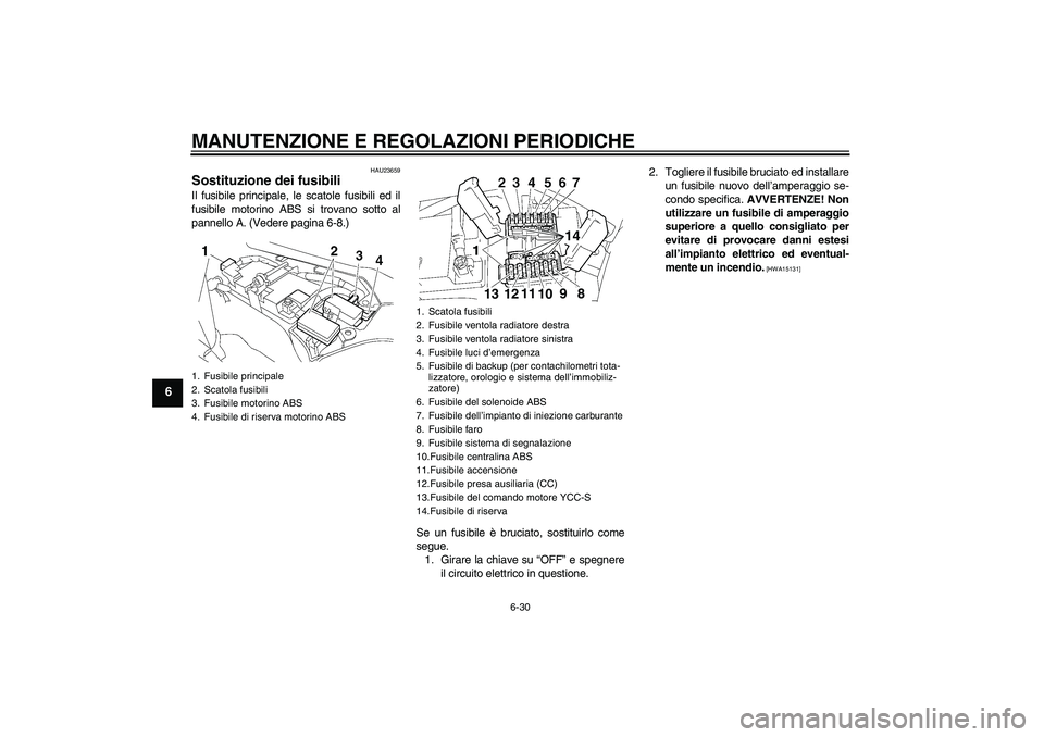 YAMAHA FJR1300AS 2009  Manuale duso (in Italian) MANUTENZIONE E REGOLAZIONI PERIODICHE
6-30
6
HAU23659
Sostituzione dei fusibili Il fusibile principale, le scatole fusibili ed il
fusibile motorino ABS si trovano sotto al
pannello A. (Vedere pagina 6