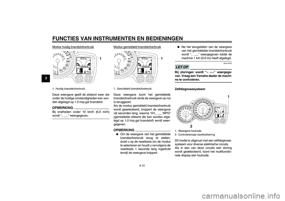 YAMAHA FJR1300AS 2009  Instructieboekje (in Dutch) FUNCTIES VAN INSTRUMENTEN EN BEDIENINGEN
3-12
3
Modus huidig brandstofverbruikDeze weergave geeft de afstand weer die
onder de huidige omstandigheden kan wor-
den afgelegd op 1.0 Imp.gal brandstof.OPM