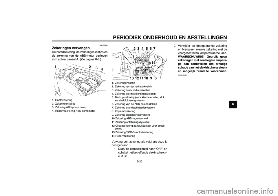 YAMAHA FJR1300AS 2009 Instructieboekje (in Dutch) PERIODIEK ONDERHOUD EN AFSTELLINGEN
6-30
6
DAU23659
Zekeringen vervangen De hoofdzekering, de zekeringenkastjes en
de zekering van de ABS-motor bevinden
zich achter paneel A. (Zie pagina 6-8.)
Vervang YAMAHA FJR1300AS 2009 Instructieboekje (in Dutch) PERIODIEK ONDERHOUD EN AFSTELLINGEN
6-30
6
DAU23659
Zekeringen vervangen De hoofdzekering, de zekeringenkastjes en
de zekering van de ABS-motor bevinden
zich achter paneel A. (Zie pagina 6-8.)
Vervang
