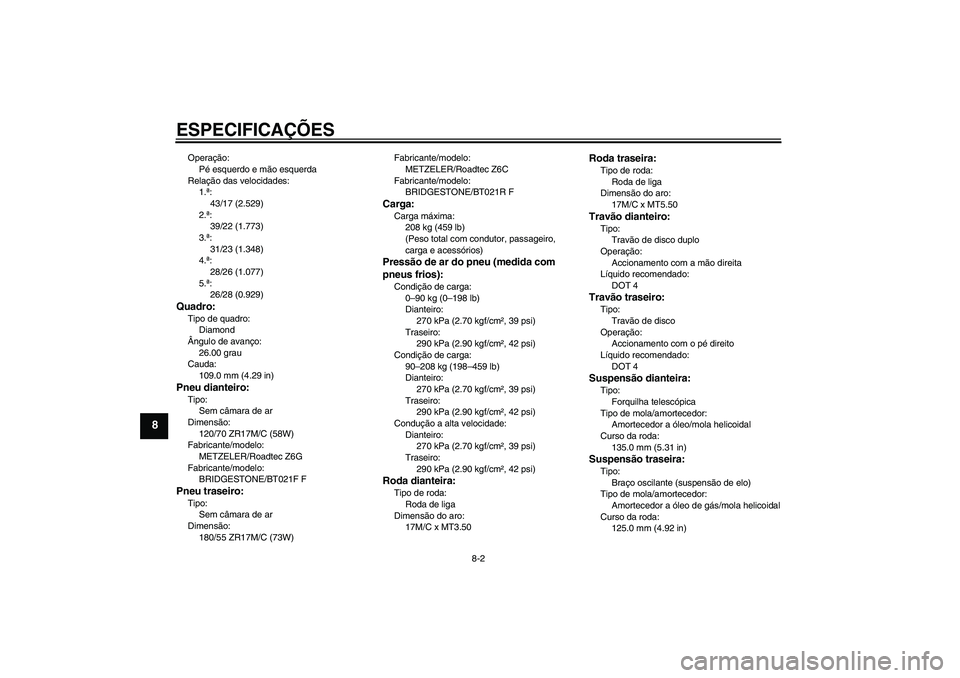 YAMAHA FJR1300AS 2009 Manual de utilização (in Portuguese) ESPECIFICAÇÕES
8-2
8
Operação:
Pé esquerdo e mão esquerda
Relação das velocidades:
1.ª:
43/17 (2.529)
2.ª:
39/22 (1.773)
3.ª:
31/23 (1.348)
4.ª:
28/26 (1.077)
5.ª:
26/28 (0.929)Quadro:Tip YAMAHA FJR1300AS 2009 Manual de utilização (in Portuguese) ESPECIFICAÇÕES
8-2
8
Operação:
Pé esquerdo e mão esquerda
Relação das velocidades:
1.ª:
43/17 (2.529)
2.ª:
39/22 (1.773)
3.ª:
31/23 (1.348)
4.ª:
28/26 (1.077)
5.ª:
26/28 (0.929)Quadro:Tip