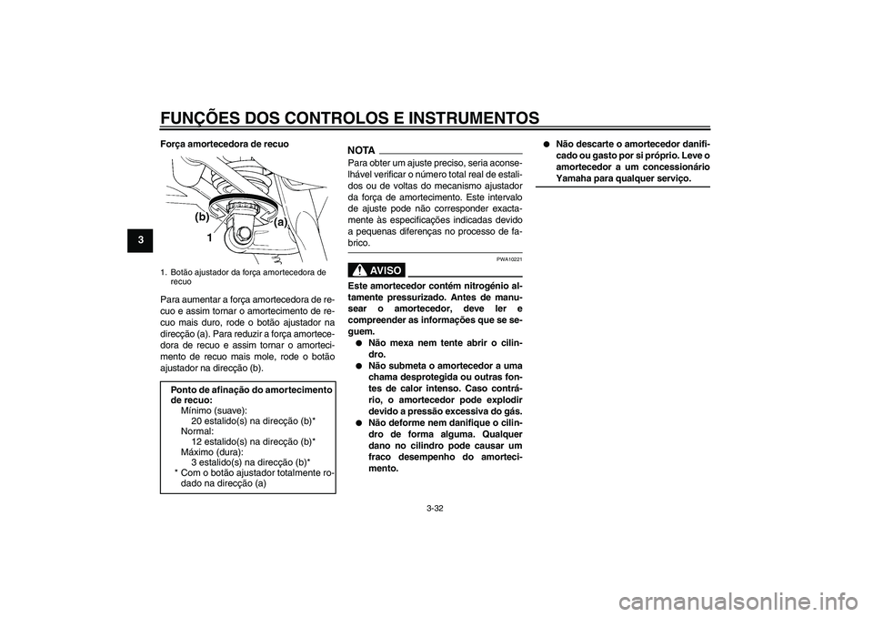 YAMAHA FJR1300AS 2009 Manual de utilização (in Portuguese) FUNÇÕES DOS CONTROLOS E INSTRUMENTOS
3-32
3
Força amortecedora de recuo
Para aumentar a força amortecedora de re-
cuo e assim tornar o amortecimento de re-
cuo mais duro, rode o botão ajustador n YAMAHA FJR1300AS 2009 Manual de utilização (in Portuguese) FUNÇÕES DOS CONTROLOS E INSTRUMENTOS
3-32
3
Força amortecedora de recuo
Para aumentar a força amortecedora de re-
cuo e assim tornar o amortecimento de re-
cuo mais duro, rode o botão ajustador n