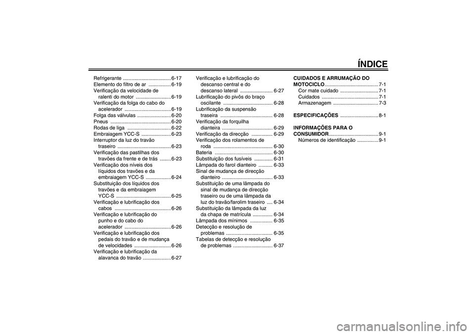 YAMAHA FJR1300AS 2009  Manual de utilização (in Portuguese) ÍNDICE
Refrigerante .................................. 6-17
Elemento do filtro de ar  ................ 6-19
Verificação da velocidade de 
ralenti do motor  ......................... 6-19
Verificaç