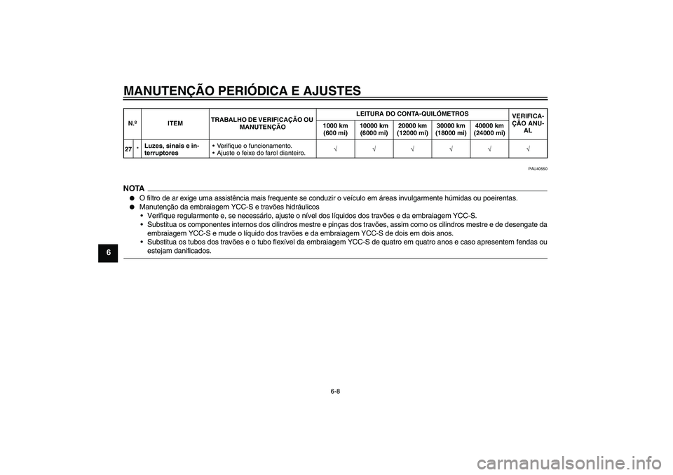 YAMAHA FJR1300AS 2009  Manual de utilização (in Portuguese) MANUTENÇÃO PERIÓDICA E AJUSTES
6-8
6
PAU40550
NOTA
O filtro de ar exige uma assistência mais frequente se conduzir o veículo em áreas invulgarmente húmidas ou poeirentas.

Manutenção da emb
