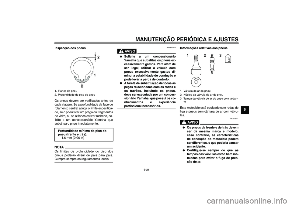 YAMAHA FJR1300AS 2009  Manual de utilização (in Portuguese) MANUTENÇÃO PERIÓDICA E AJUSTES
6-21
6
Inspecção dos pneus
Os pneus devem ser verificados antes de
cada viagem. Se a profundidade da face de
rolamento central atingir o limite especifica-
do, se o