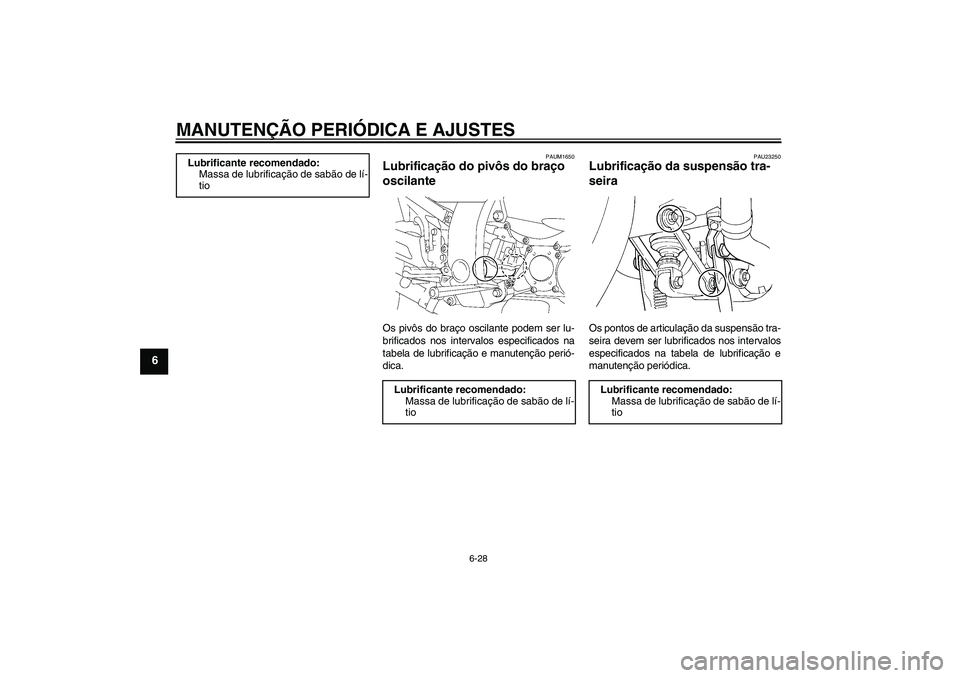 YAMAHA FJR1300AS 2009  Manual de utilização (in Portuguese) MANUTENÇÃO PERIÓDICA E AJUSTES
6-28
6
PAUM1650
Lubrificação do pivôs do braço 
oscilante Os pivôs do braço oscilante podem ser lu-
brificados nos intervalos especificados na
tabela de lubrifi