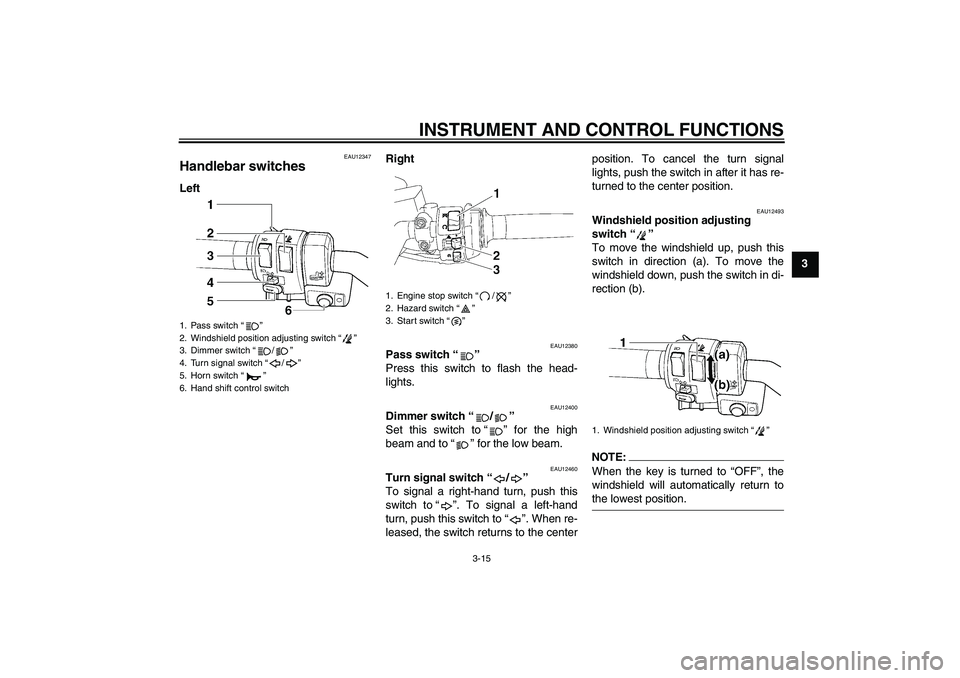YAMAHA FJR1300AS 2008 Owners Manual INSTRUMENT AND CONTROL FUNCTIONS
3-15
3
EAU12347
Handlebar switches LeftRight
EAU12380
Pass switch“” 
Press this switch to flash the head-
lights.
EAU12400
Dimmer switch“/” 
Set this switch to
