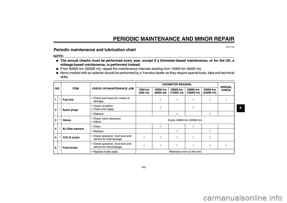 YAMAHA FJR1300AS 2008 Workshop Manual PERIODIC MAINTENANCE AND MINOR REPAIR
6-2
6
EAU1770A
Periodic maintenance and lubrication chart NOTE:
The annual checks must be performed every year, except if a kilometer-based maintenance, or for t