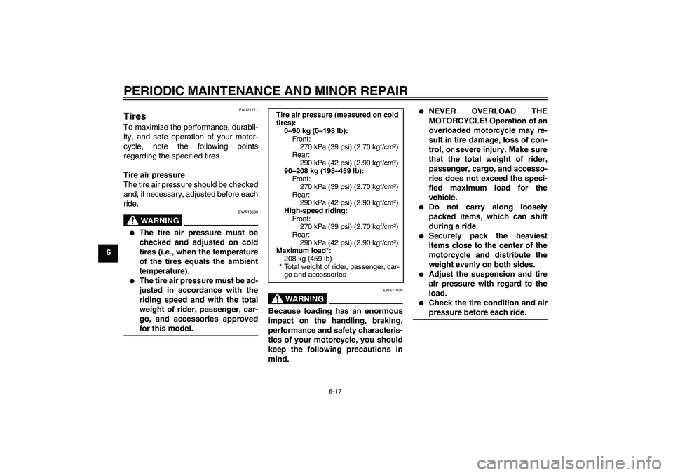 YAMAHA FJR1300AS 2008 Manual PDF PERIODIC MAINTENANCE AND MINOR REPAIR
6-17
6
EAU21771
Tires To maximize the performance, durabil-
ity, and safe operation of your motor-
cycle, note the following points
regarding the specified tires.