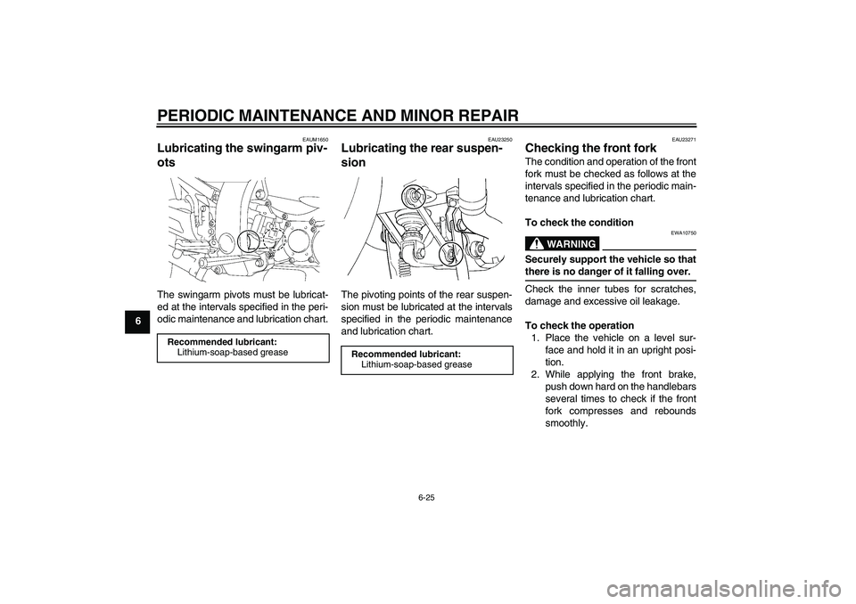 YAMAHA FJR1300AS 2008 Manual Online PERIODIC MAINTENANCE AND MINOR REPAIR
6-25
6
EAUM1650
Lubricating the swingarm piv-
ots The swingarm pivots must be lubricat-
ed at the intervals specified in the peri-
odic maintenance and lubricatio