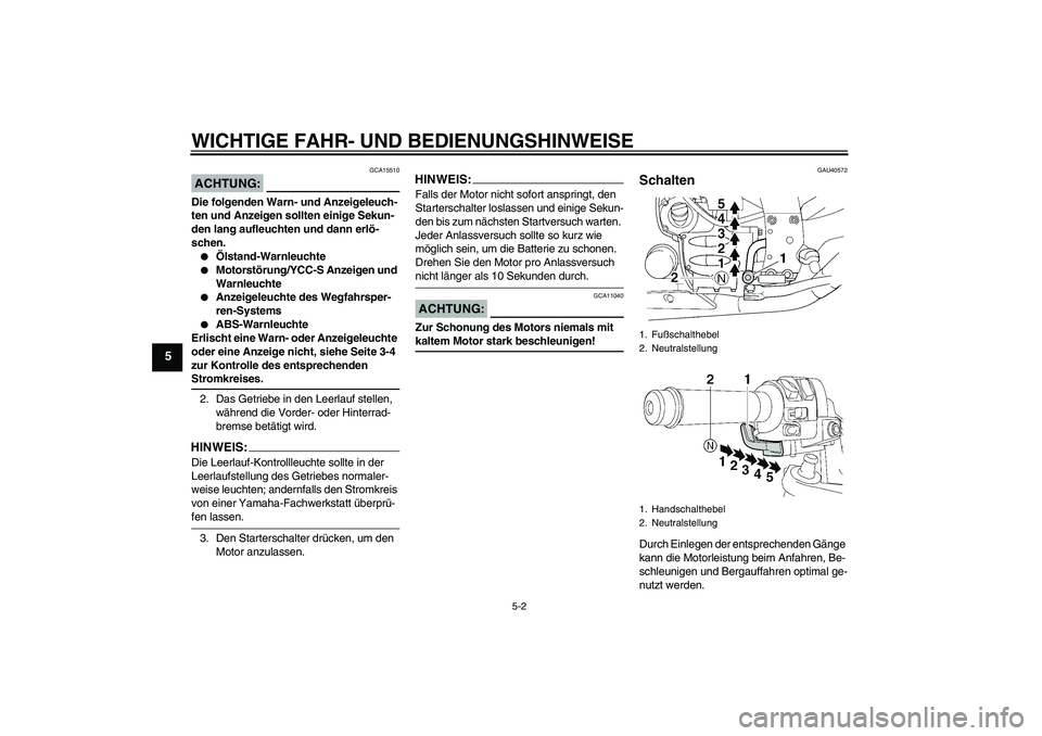 YAMAHA FJR1300AS 2008  Betriebsanleitungen (in German) WICHTIGE FAHR- UND BEDIENUNGSHINWEISE
5-2
5
ACHTUNG:
GCA15510
Die folgenden Warn- und Anzeigeleuch-
ten und Anzeigen sollten einige Sekun-
den lang aufleuchten und dann erlö-
schen.
Ölstand-Warnleu