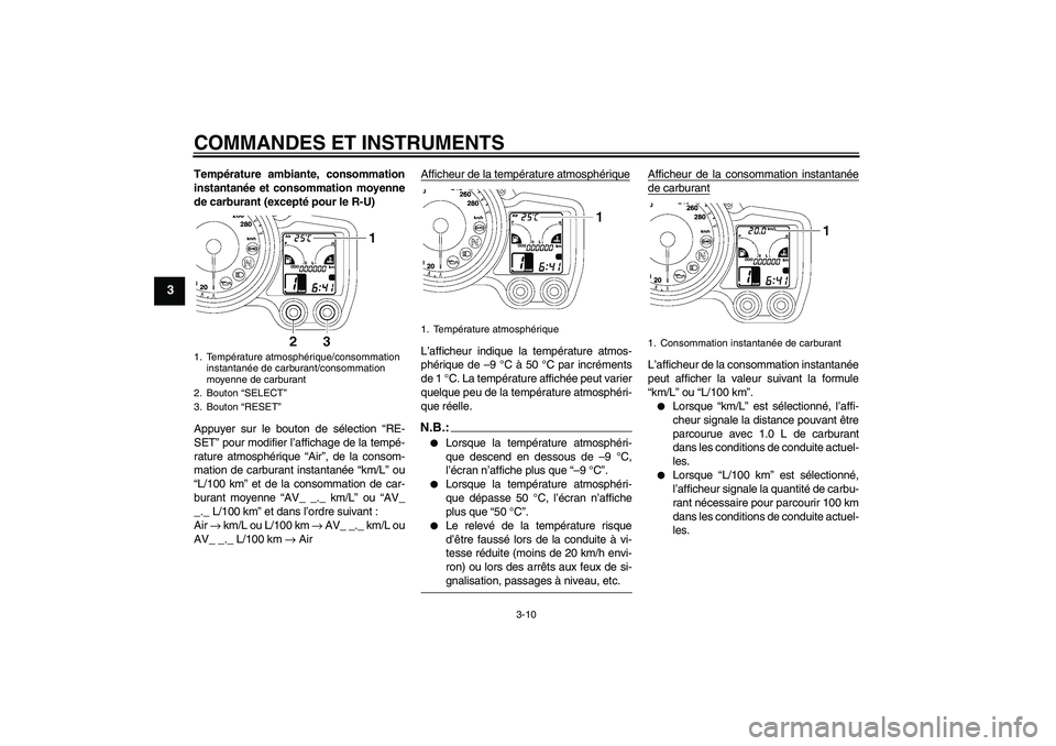YAMAHA FJR1300AS 2008  Notices Demploi (in French) COMMANDES ET INSTRUMENTS
3-10
3
Température ambiante, consommation
instantanée et consommation moyenne
de carburant (excepté pour le R-U)
Appuyer sur le bouton de sélection “RE-
SET” pour modi