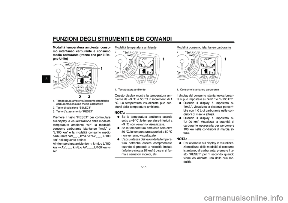 YAMAHA FJR1300AS 2008  Manuale duso (in Italian) FUNZIONI DEGLI STRUMENTI E DEI COMANDI
3-10
3
Modalità temperatura ambiente, consu-
mo istantaneo carburante e consumo
medio carburante (tranne che per il Re-
gno Unito)
Premere il tasto “RESET” 