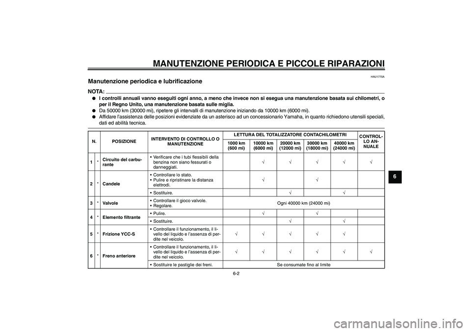 YAMAHA FJR1300AS 2008  Manuale duso (in Italian) MANUTENZIONE PERIODICA E PICCOLE RIPARAZIONI
6-2
6
HAU1770A
Manutenzione periodica e lubrificazione NOTA:
I controlli annuali vanno eseguiti ogni anno, a meno che invece non si esegua una manutenzion
