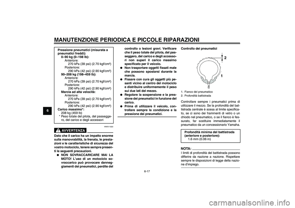 YAMAHA FJR1300AS 2008  Manuale duso (in Italian) MANUTENZIONE PERIODICA E PICCOLE RIPARAZIONI
6-17
6
AVVERTENZA
HWA11020
Dato che il carico ha un impatto enorme
sulla manovrabilità, la frenata, le presta-
zioni e le caratteristiche di sicurezza del
