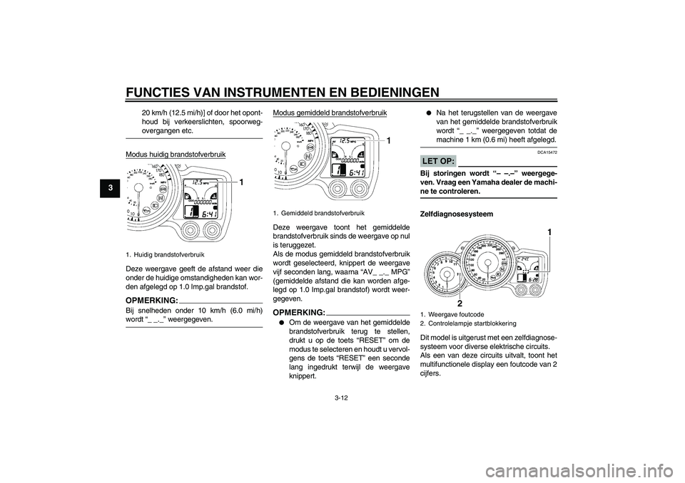 YAMAHA FJR1300AS 2008  Instructieboekje (in Dutch) FUNCTIES VAN INSTRUMENTEN EN BEDIENINGEN
3-12
3
20 km/h (12.5 mi/h)] of door het opont-
houd bij verkeerslichten, spoorweg-overgangen etc.
Modus huidig brandstofverbruik
Deze weergave geeft de afstand