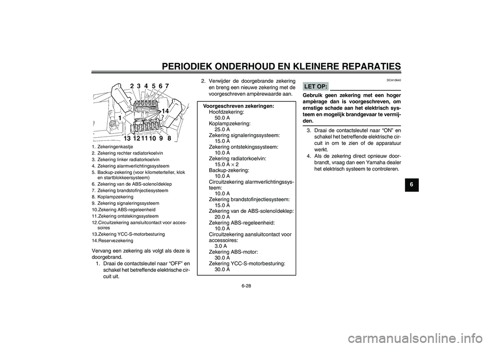 YAMAHA FJR1300AS 2008  Instructieboekje (in Dutch) PERIODIEK ONDERHOUD EN KLEINERE REPARATIES
6-28
6
Vervang een zekering als volgt als deze is
doorgebrand.
1. Draai de contactsleutel naar “OFF” en
schakel het betreffende elektrische cir-
cuit uit