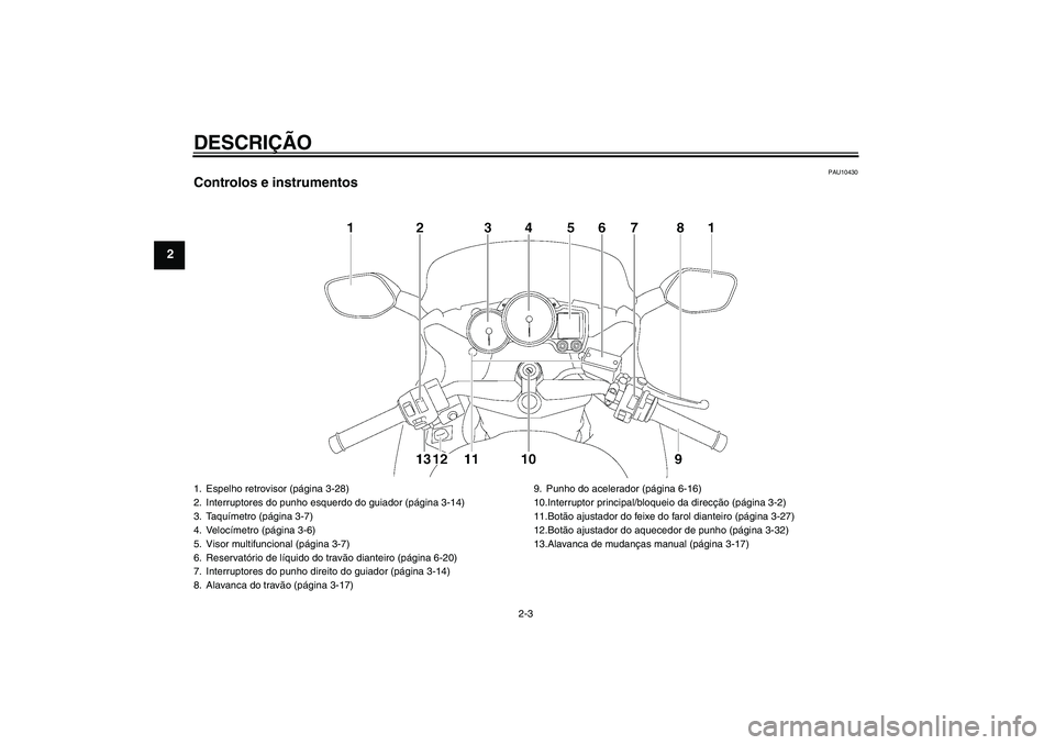 YAMAHA FJR1300AS 2008  Manual de utilização (in Portuguese) DESCRIÇÃO
2-3
2
PAU10430
Controlos e instrumentos1. Espelho retrovisor (página 3-28)
2. Interruptores do punho esquerdo do guiador (página 3-14)
3. Taquímetro (página 3-7)
4. Velocímetro (pági