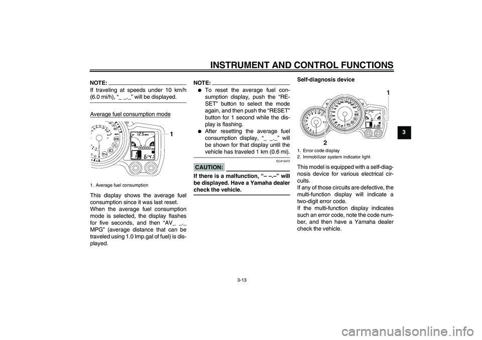 YAMAHA FJR1300AS 2007 Owners Manual INSTRUMENT AND CONTROL FUNCTIONS
3-13
3
NOTE:If traveling at speeds under 10 km/h(6.0 mi/h), “_ _._” will be displayed.
Average fuel consumption modeThis display shows the average fuel
consumption