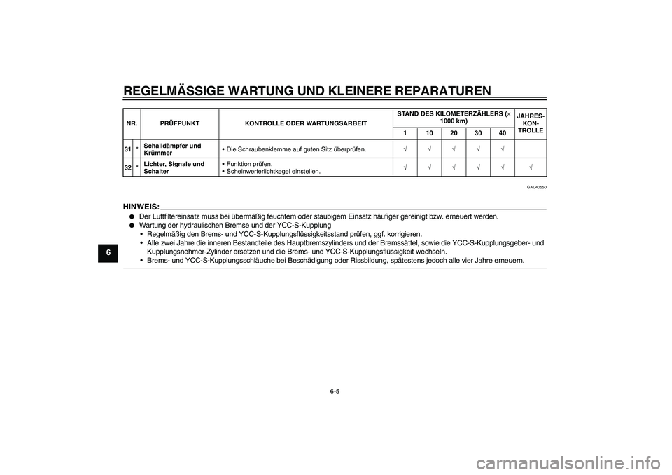 YAMAHA FJR1300AS 2007  Betriebsanleitungen (in German) REGELMÄSSIGE WARTUNG UND KLEINERE REPARATUREN
6-5
6
GAU40550
HINWEIS:
Der Luftfiltereinsatz muss bei übermäßig feuchtem oder staubigem Einsatz häufiger gereinigt bzw. erneuert werden.

Wartung 