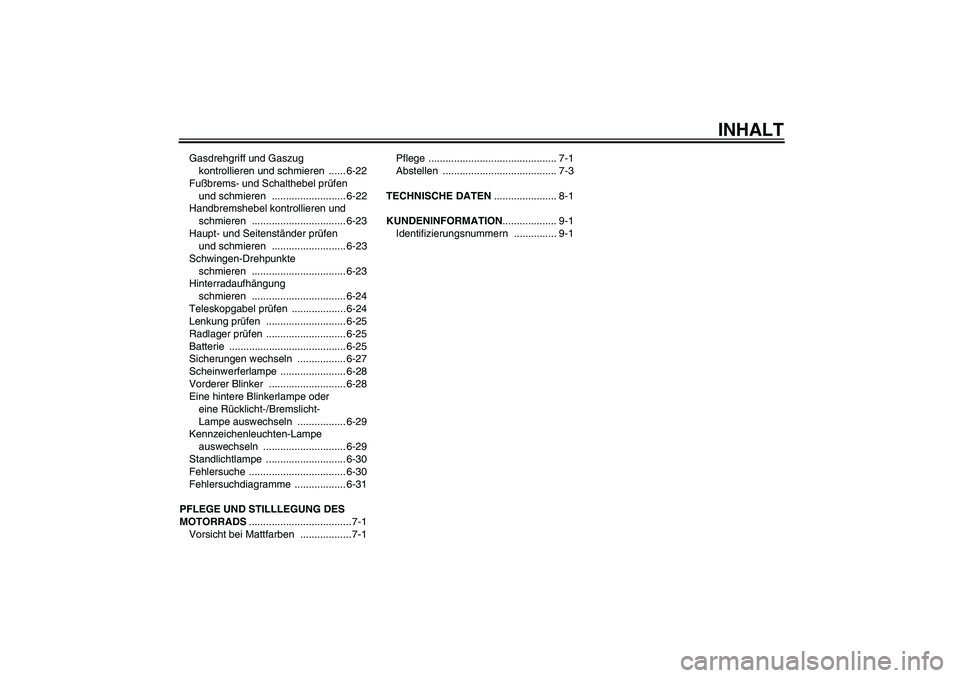 YAMAHA FJR1300AS 2007  Betriebsanleitungen (in German) INHALT
Gasdrehgriff und Gaszug 
kontrollieren und schmieren  ...... 6-22
Fußbrems- und Schalthebel prüfen 
und schmieren  .......................... 6-22
Handbremshebel kontrollieren und 
schmieren 