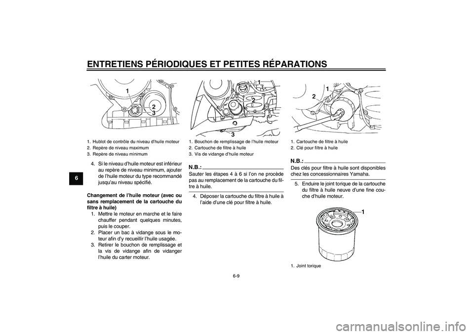 YAMAHA FJR1300AS 2007 Notices Demploi (in French) ENTRETIENS PÉRIODIQUES ET PETITES RÉPARATIONS
6-9
6
4. Si le niveau d’huile moteur est inférieur
au repère de niveau minimum, ajouter
de l’huile moteur du type recommandé
jusqu’au niveau sp YAMAHA FJR1300AS 2007 Notices Demploi (in French) ENTRETIENS PÉRIODIQUES ET PETITES RÉPARATIONS
6-9
6
4. Si le niveau d’huile moteur est inférieur
au repère de niveau minimum, ajouter
de l’huile moteur du type recommandé
jusqu’au niveau sp