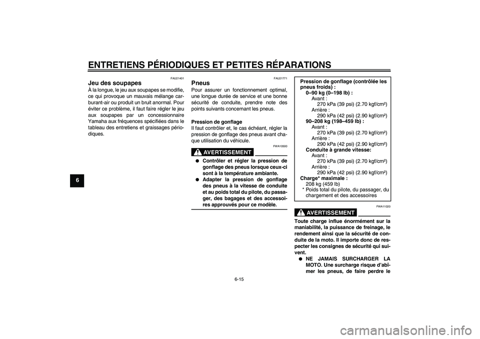 YAMAHA FJR1300AS 2007 Notices Demploi (in French) ENTRETIENS PÉRIODIQUES ET PETITES RÉPARATIONS
6-15
6
FAU21401
Jeu des soupapes À la longue, le jeu aux soupapes se modifie,
ce qui provoque un mauvais mélange car-
burant-air ou produit un bruit a YAMAHA FJR1300AS 2007 Notices Demploi (in French) ENTRETIENS PÉRIODIQUES ET PETITES RÉPARATIONS
6-15
6
FAU21401
Jeu des soupapes À la longue, le jeu aux soupapes se modifie,
ce qui provoque un mauvais mélange car-
burant-air ou produit un bruit a