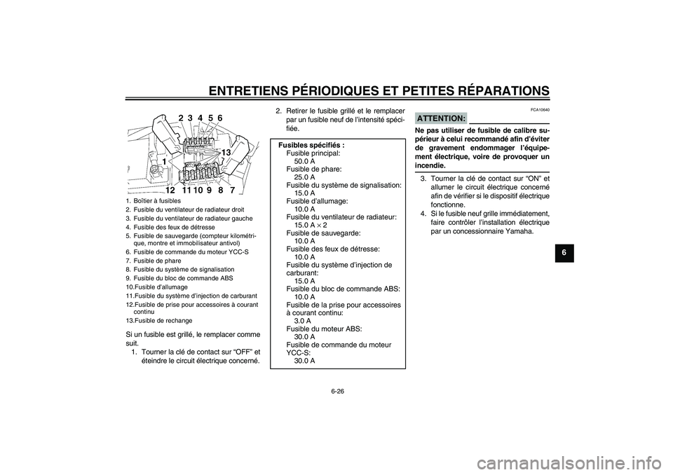 YAMAHA FJR1300AS 2007  Notices Demploi (in French) ENTRETIENS PÉRIODIQUES ET PETITES RÉPARATIONS
6-26
6
Si un fusible est grillé, le remplacer comme
suit.
1. Tourner la clé de contact sur “OFF” et
éteindre le circuit électrique concerné.2. 