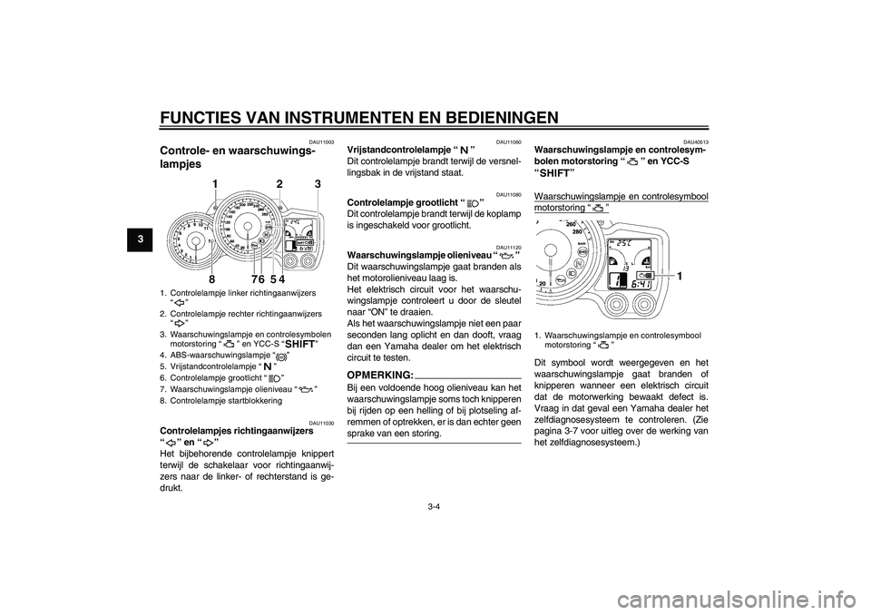 YAMAHA FJR1300AS 2007  Instructieboekje (in Dutch) FUNCTIES VAN INSTRUMENTEN EN BEDIENINGEN
3-4
3
DAU11003
Controle- en waarschuwings-
lampjes 
DAU11030
Controlelampjes richtingaanwijzers 
“” en “” 
Het bijbehorende controlelampje knippert
ter