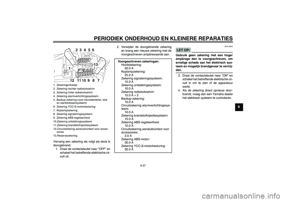 YAMAHA FJR1300AS 2007  Instructieboekje (in Dutch) PERIODIEK ONDERHOUD EN KLEINERE REPARATIES
6-27
6
Vervang een zekering als volgt als deze is
doorgebrand.
1. Draai de contactsleutel naar “OFF” en
schakel het betreffende elektrische cir-
cuit uit