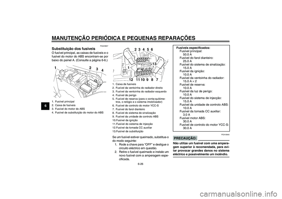 YAMAHA FJR1300AS 2007  Manual de utilização (in Portuguese) MANUTENÇÃO PERIÓDICA E PEQUENAS REPARAÇÕES
6-26
6
PAU23657
Substituição dos fusíveis O fusível principal, as caixas de fusíveis e o
fusível do motor do ABS encontram-se por
baixo do painel 