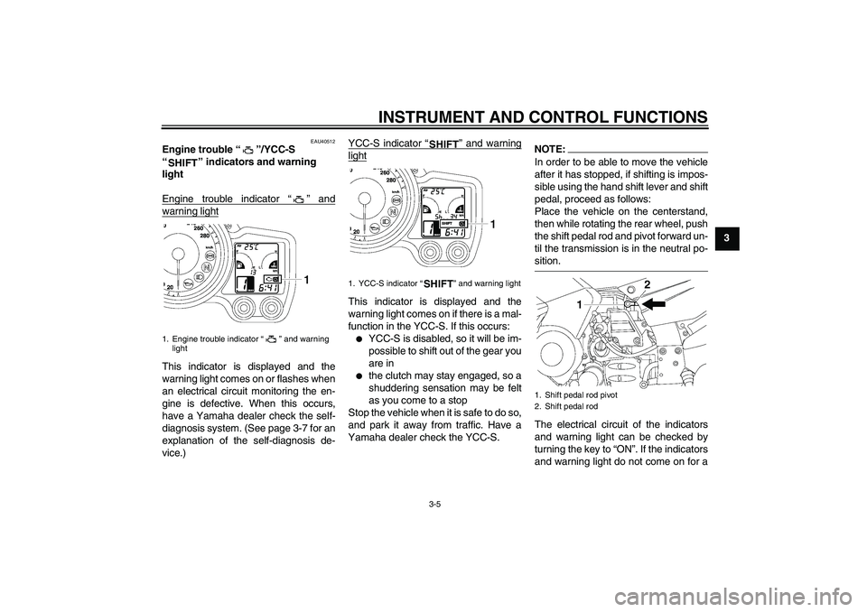 YAMAHA FJR1300AS 2006 User Guide INSTRUMENT AND CONTROL FUNCTIONS
3-5
3
EAU40512
Engine trouble “”/YCC-S 
“” indicators and warning 
light 
Engine trouble indicator “” andwarning lightThis indicator is displayed and the
w