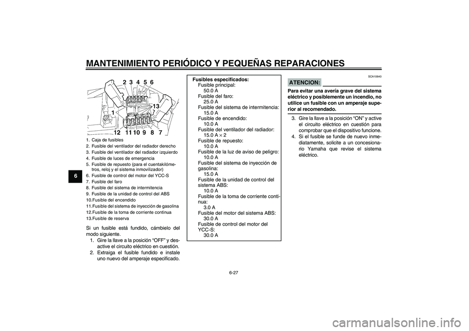 YAMAHA FJR1300AS 2006  Manuale de Empleo (in Spanish) MANTENIMIENTO PERIÓDICO Y PEQUEÑAS REPARACIONES
6-27
6
Si un fusible está fundido, cámbielo del
modo siguiente.
1. Gire la llave a la posición “OFF” y des-
active el circuito eléctrico en cu