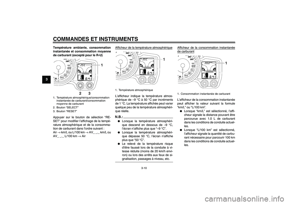 YAMAHA FJR1300AS 2006  Notices Demploi (in French) COMMANDES ET INSTRUMENTS
3-10
3
Température ambiante, consommation
instantanée et consommation moyenne
de carburant (excepté pour le R-U)
Appuyer sur le bouton de sélection “RE-
SET” pour modi