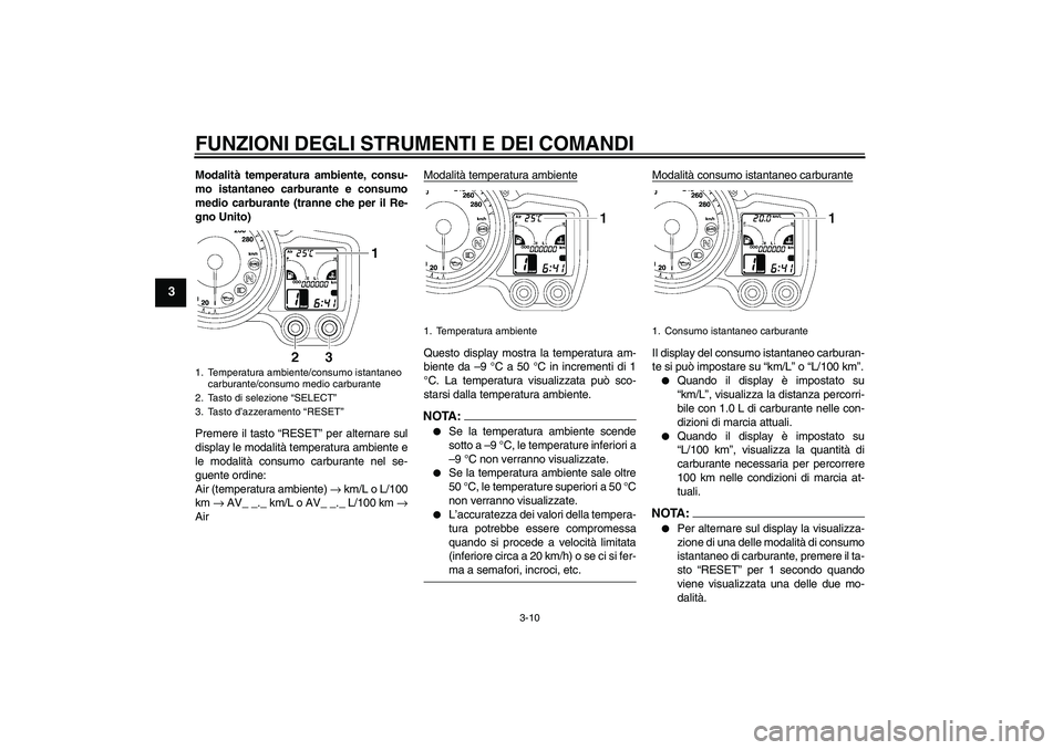YAMAHA FJR1300AS 2006  Manuale duso (in Italian) FUNZIONI DEGLI STRUMENTI E DEI COMANDI
3-10
3
Modalità temperatura ambiente, consu-
mo istantaneo carburante e consumo
medio carburante (tranne che per il Re-
gno Unito)
Premere il tasto “RESET” 
