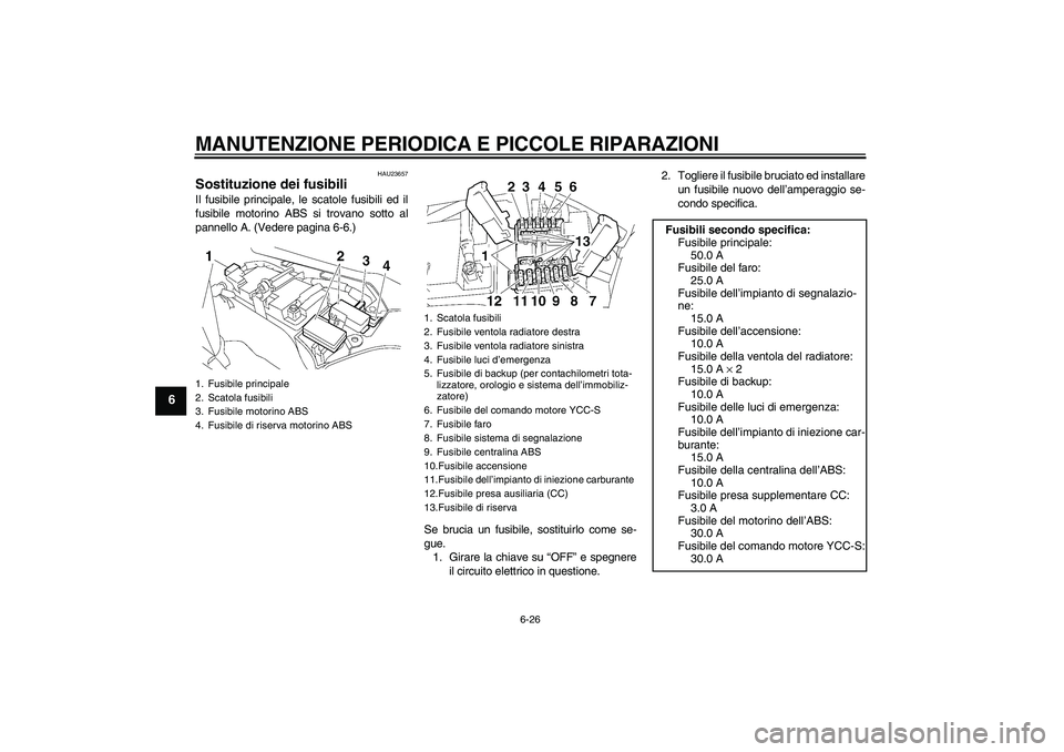 YAMAHA FJR1300AS 2006  Manuale duso (in Italian) MANUTENZIONE PERIODICA E PICCOLE RIPARAZIONI
6-26
6
HAU23657
Sostituzione dei fusibili Il fusibile principale, le scatole fusibili ed il
fusibile motorino ABS si trovano sotto al
pannello A. (Vedere p