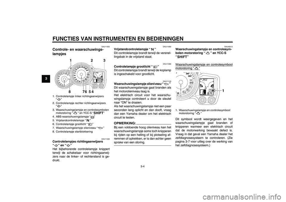YAMAHA FJR1300AS 2006  Instructieboekje (in Dutch) FUNCTIES VAN INSTRUMENTEN EN BEDIENINGEN
3-4
3
DAU11003
Controle- en waarschuwings-
lampjes 
DAU11030
Controlelampjes richtingaanwijzers 
“” en “” 
Het bijbehorende controlelampje knippert
ter