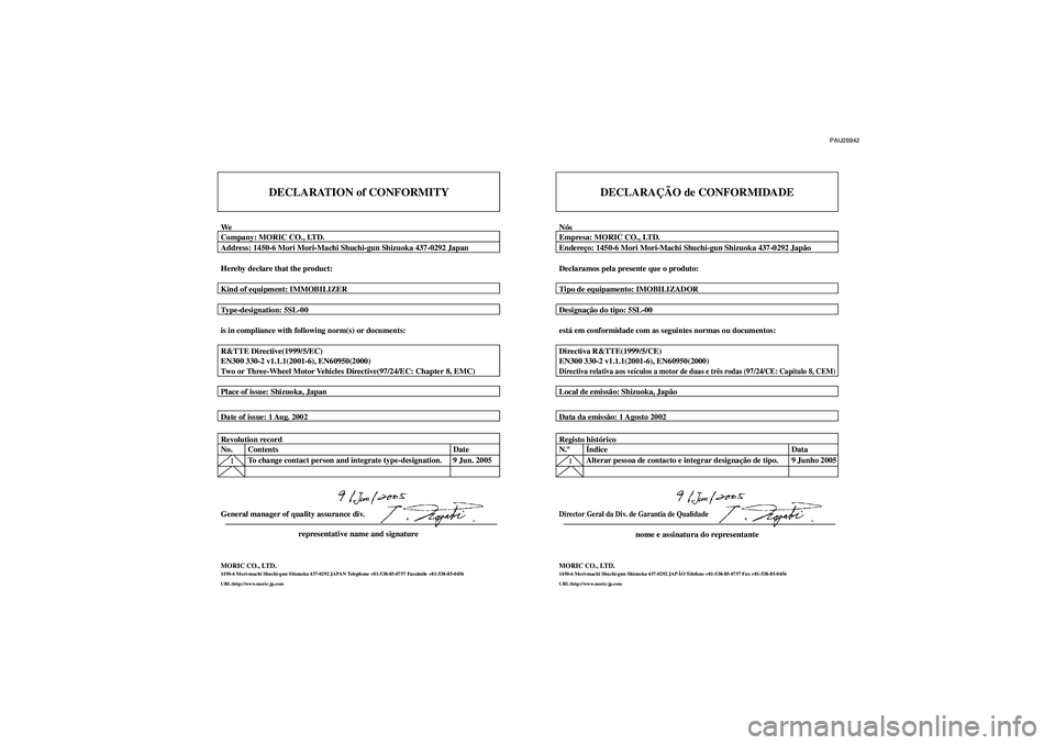 YAMAHA FJR1300AS 2006  Manual de utilização (in Portuguese) PAU26942
DECLARATION of CONFORMITY
WeCompany: MORIC CO., LTD.
Address: 1450-6 Mori Mori-Machi Shuchi-gun Shizuoka 437-0292 Japan
Hereby declare that the product:
Kind of equipment: IMMOBILIZER
Type-de