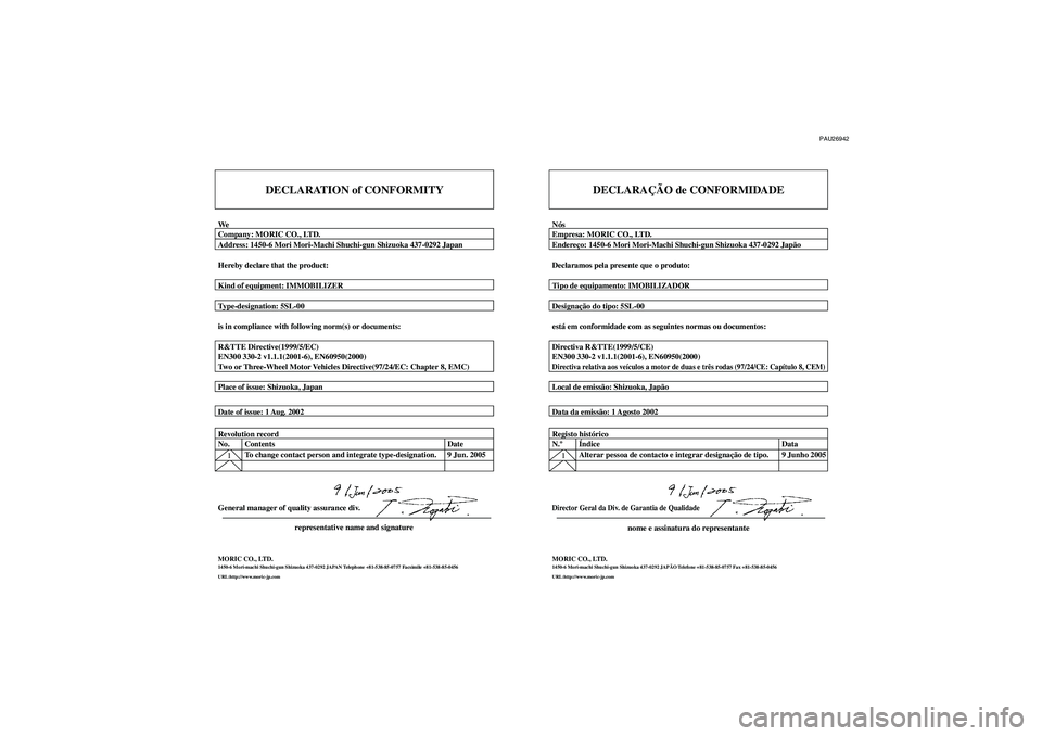 YAMAHA FJR1300AS 2006  Manual de utilização (in Portuguese) PAU26942
DECLARATION of CONFORMITY
WeCompany: MORIC CO., LTD.
Address: 1450-6 Mori Mori-Machi Shuchi-gun Shizuoka 437-0292 Japan
Hereby declare that the product:
Kind of equipment: IMMOBILIZER
Type-de