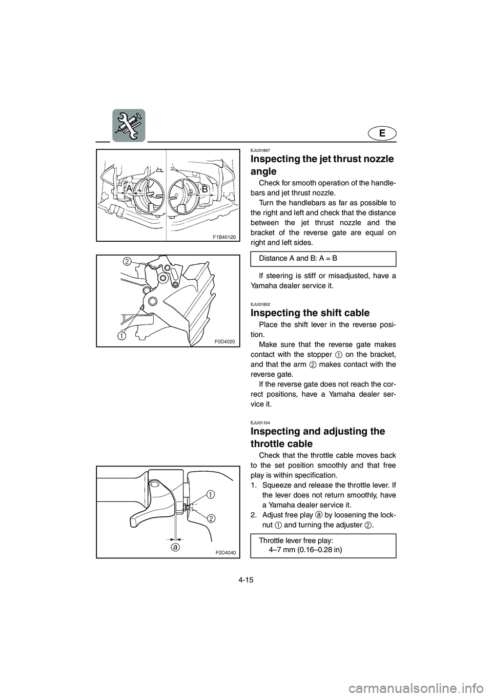 YAMAHA FX CRUISER 2006  Owners Manual 4-15
E
EJU01897
Inspecting the jet thrust nozzle 
angle 
Check for smooth operation of the handle-
bars and jet thrust nozzle. 
Turn the handlebars as far as possible to
the right and left and check t