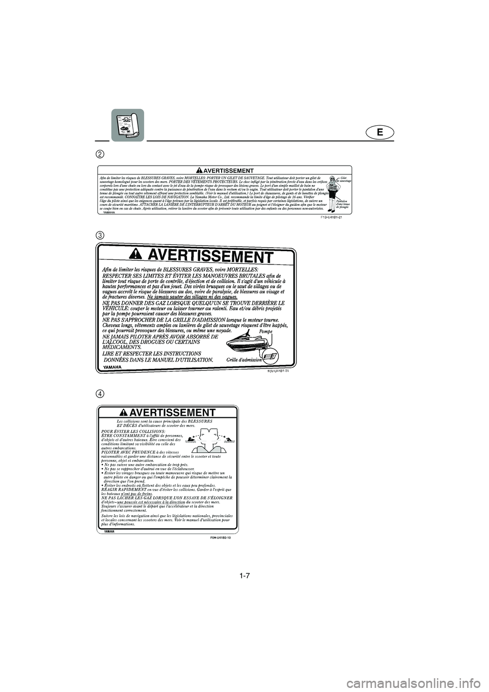 YAMAHA FX CRUISER 2006 User Guide 1-7
E
4 3 2
E_F1Y-70.book  Page 7  Friday, August 26, 2005  9:47 AM 