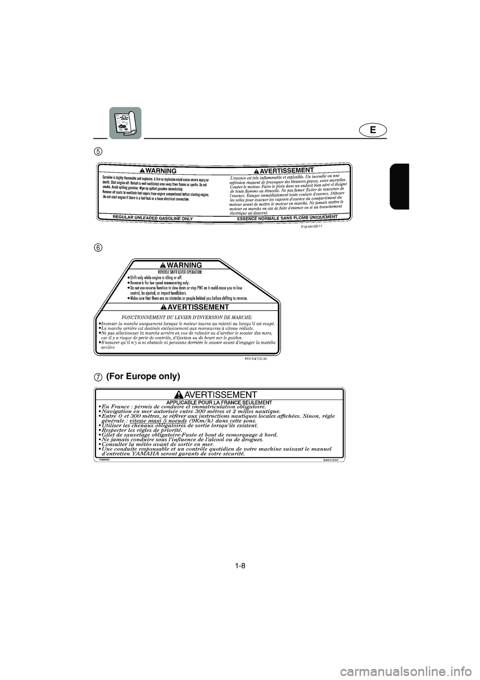 YAMAHA FX CRUISER 2006 User Guide 1-8
E
7 5
6
(For Europe only)
E_F1Y-70.book  Page 8  Friday, August 26, 2005  9:47 AM 