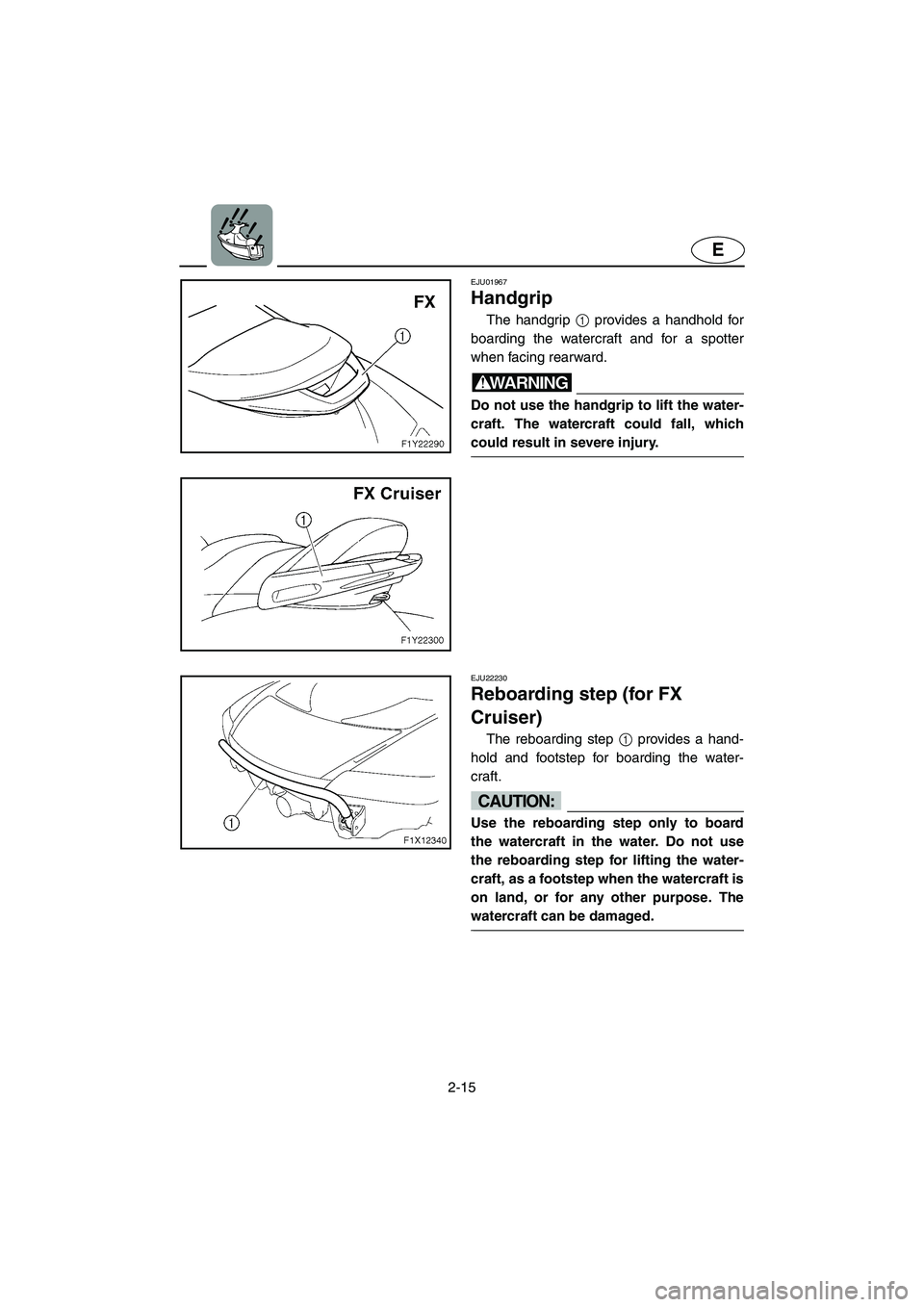 YAMAHA FX CRUISER 2006 Service Manual 2-15
E
EJU01967 
Handgrip 
The handgrip 1 provides a handhold for
boarding the watercraft and for a spotter
when facing rearward.
WARNING@ Do not use the handgrip to lift the water-
craft. The watercr