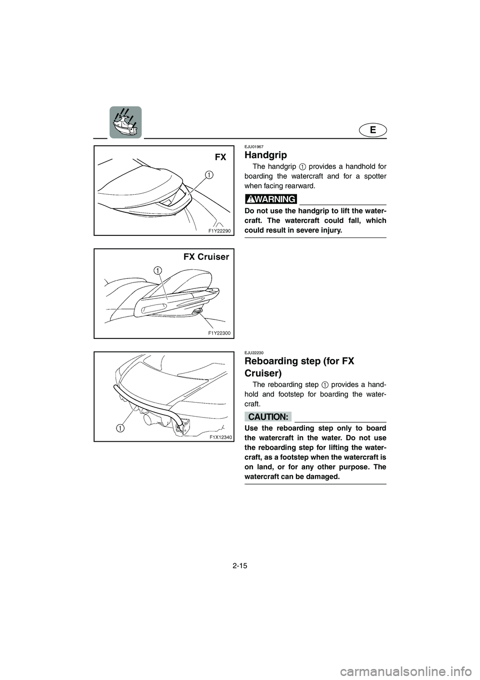 YAMAHA FX CRUISER 2006 Service Manual 2-15
E
EJU01967
Handgrip
The handgrip 1 provides a handhold for
boarding the watercraft and for a spotter
when facing rearward.
WARNING@ Do not use the handgrip to lift the water-
craft. The watercr YAMAHA FX CRUISER 2006 Service Manual 2-15
E
EJU01967
Handgrip
The handgrip 1 provides a handhold for
boarding the watercraft and for a spotter
when facing rearward.
WARNING@ Do not use the handgrip to lift the water-
craft. The watercr