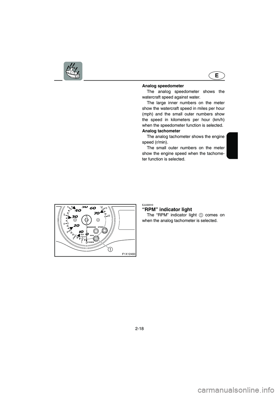 YAMAHA FX CRUISER 2006 Service Manual 2-18
E
Analog speedometer
The analog speedometer shows the
watercraft speed against water.
The large inner numbers on the meter
show the watercraft speed in miles per hour
(mph) and the small outer n YAMAHA FX CRUISER 2006 Service Manual 2-18
E
Analog speedometer
The analog speedometer shows the
watercraft speed against water.
The large inner numbers on the meter
show the watercraft speed in miles per hour
(mph) and the small outer n