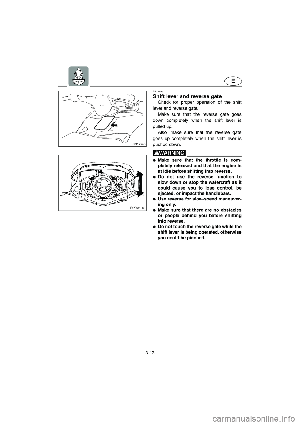 YAMAHA FX CRUISER 2006 Repair Manual 3-13
E
EJU12451 
Shift lever and reverse gate 
Check for proper operation of the shift
lever and reverse gate. 
Make sure that the reverse gate goes
down completely when the shift lever is
pulled up. 